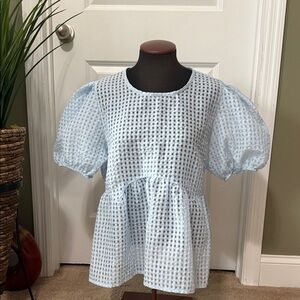 Maeve by Anthropologie Light Blue Textured Puff Sleeve, Babydoll Blouse. Size XL